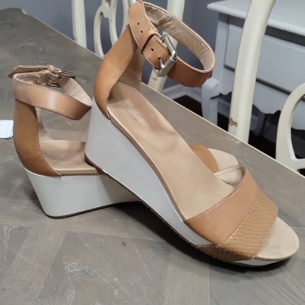 Dr Scholls Original Tan Leather White Wedges Sandals Platform Warner 11